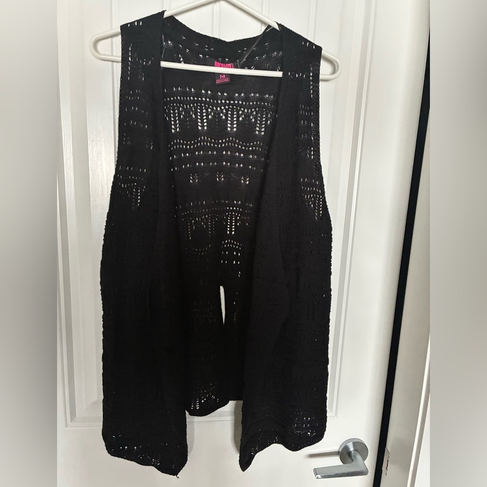 Rock & Roll Denim Elegant Black Crochet, Sleeveless Cardigan slit on back